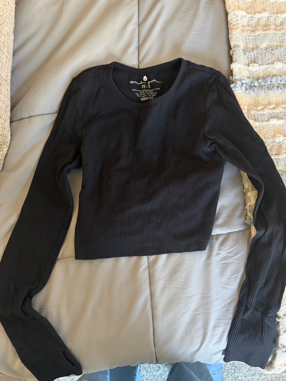Spiritual Gangster Black Ribbed Long-Sleeve Crop Top
